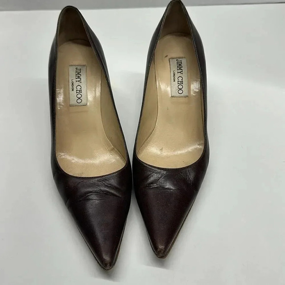 Jimmy Choo Heels High Heel Pumps Pointed Toe Shoes Leather Dark Brown Size 7.5 - Picture 3 of 11